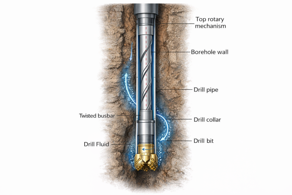 Figure: Drill pipe transfers rotation and load to the bit while circulating drilling fluid through the drill string and annulus.